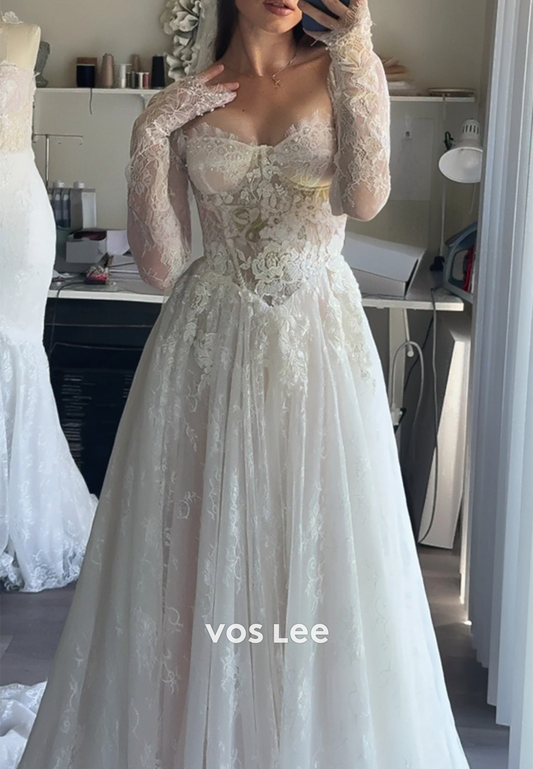 A-Line Long Sleeve Sweetheart Appliques Lace Wedding Dresses with Court Train