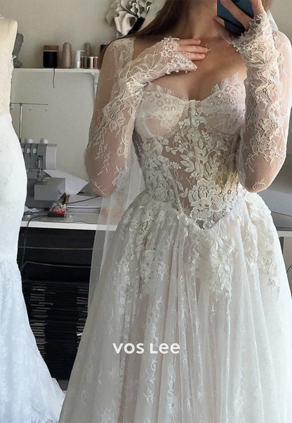 A-Line Long Sleeve Sweetheart Appliques Lace Wedding Dresses with Court Train