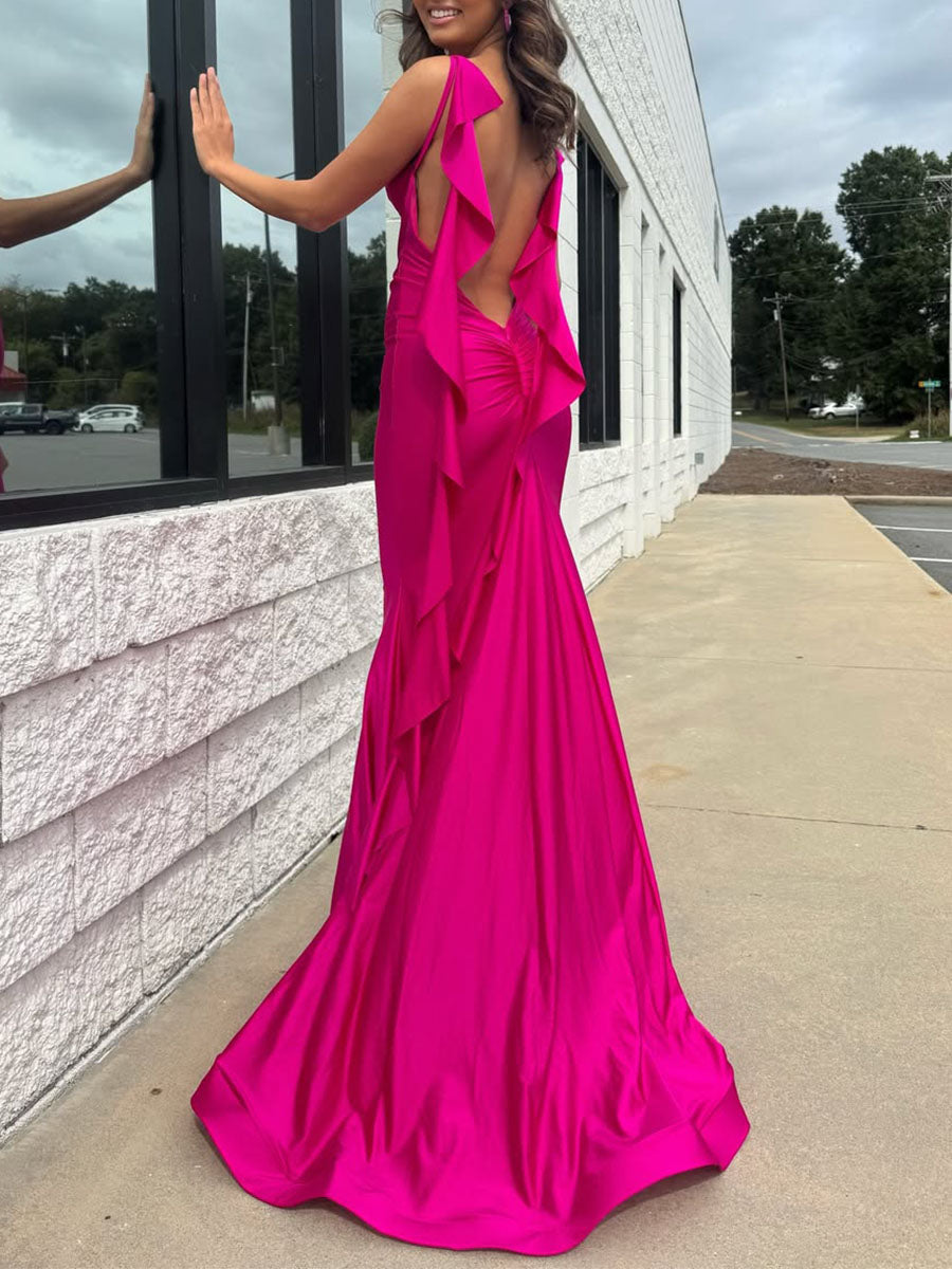 Hot Pink V-Neck Prom Dress with Cascading Back Ruffle