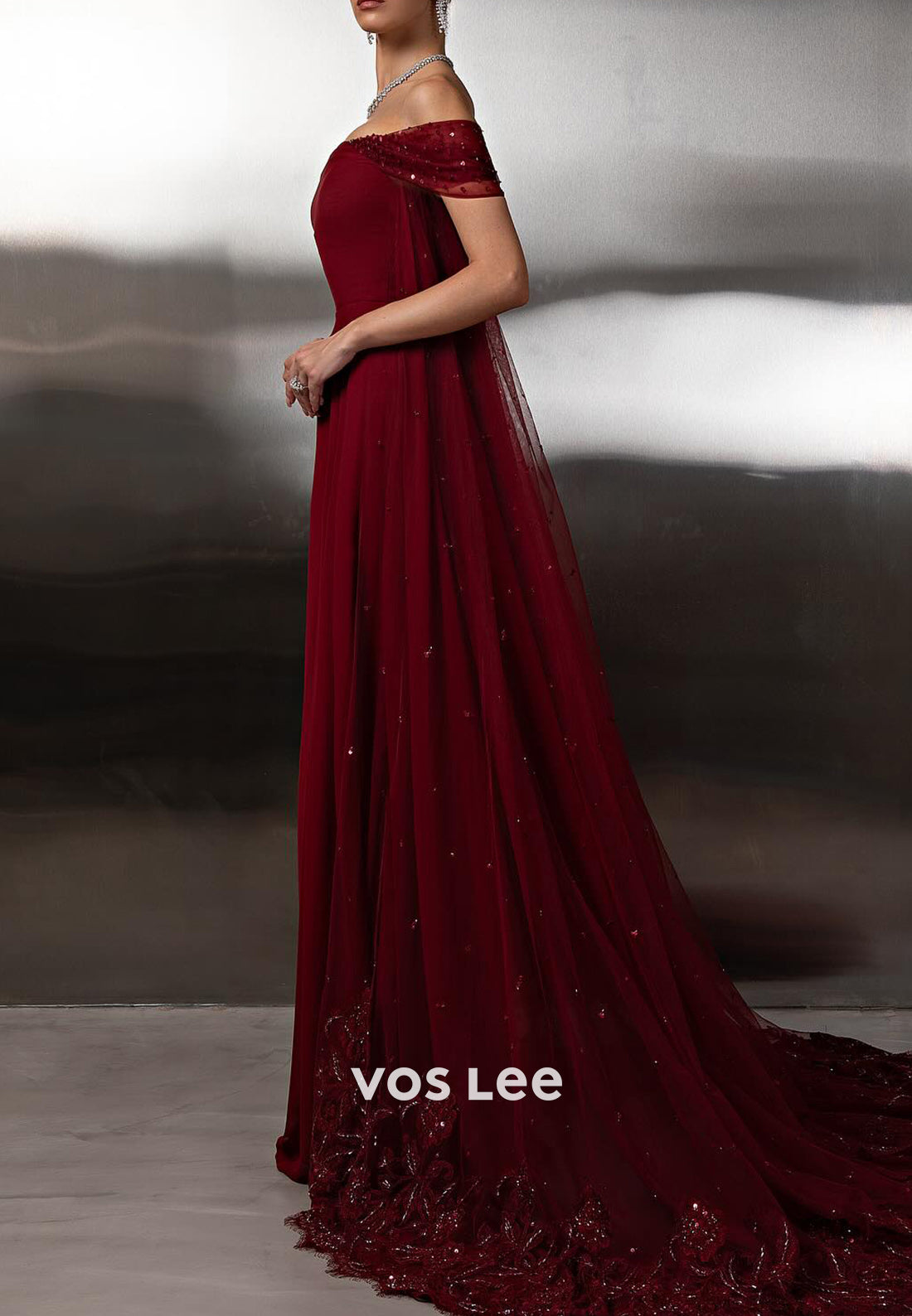 Burgundy - Off the Shoulder Appliques  Sequins Sheath Prom Dresses