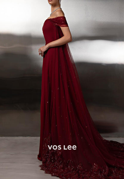 Burgundy - Off the Shoulder Appliques  Sequins Sheath Prom Dresses