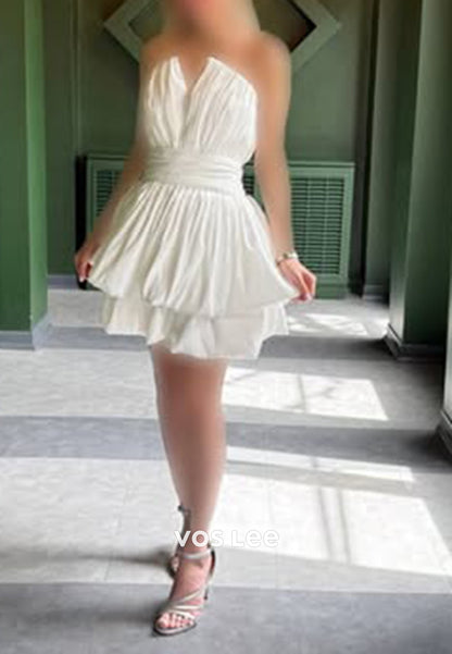 A-Line V Neck Strapless Corset Pleated Satin Short Homecoming Dresses