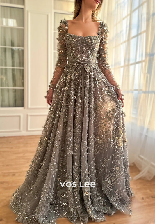 A-Line Long Sleeve Square Sequins Appliques Embellished Prom Dresses