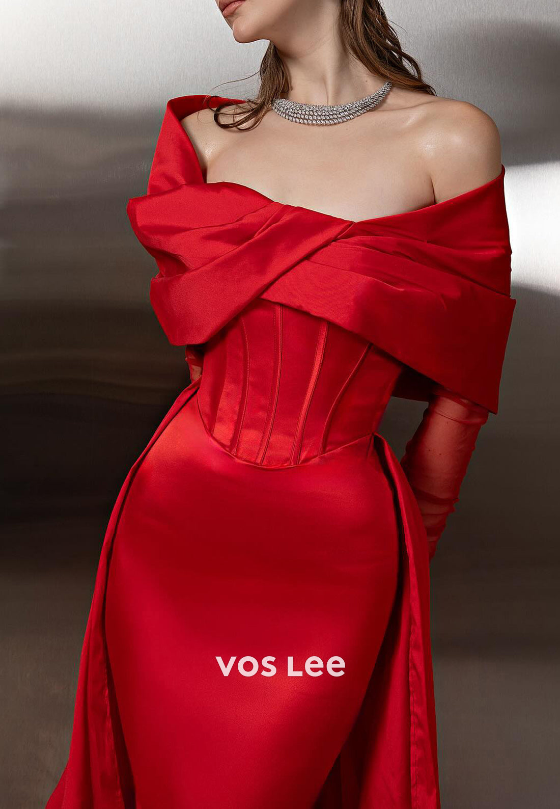 Red - Long Sleeve Off the Shoulder Mermaid Prom Dresses with Court Train