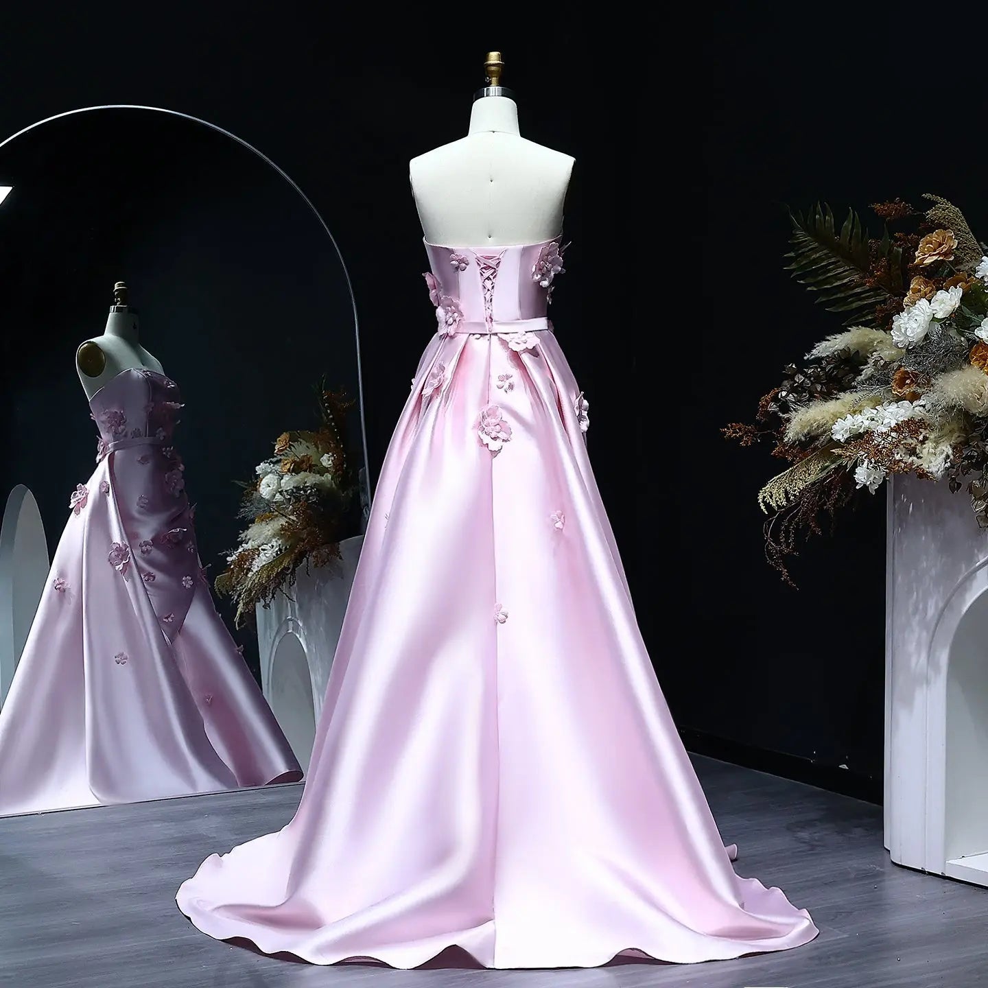 Elegant Pink 3D Flowers Evening Dress with Overskirt