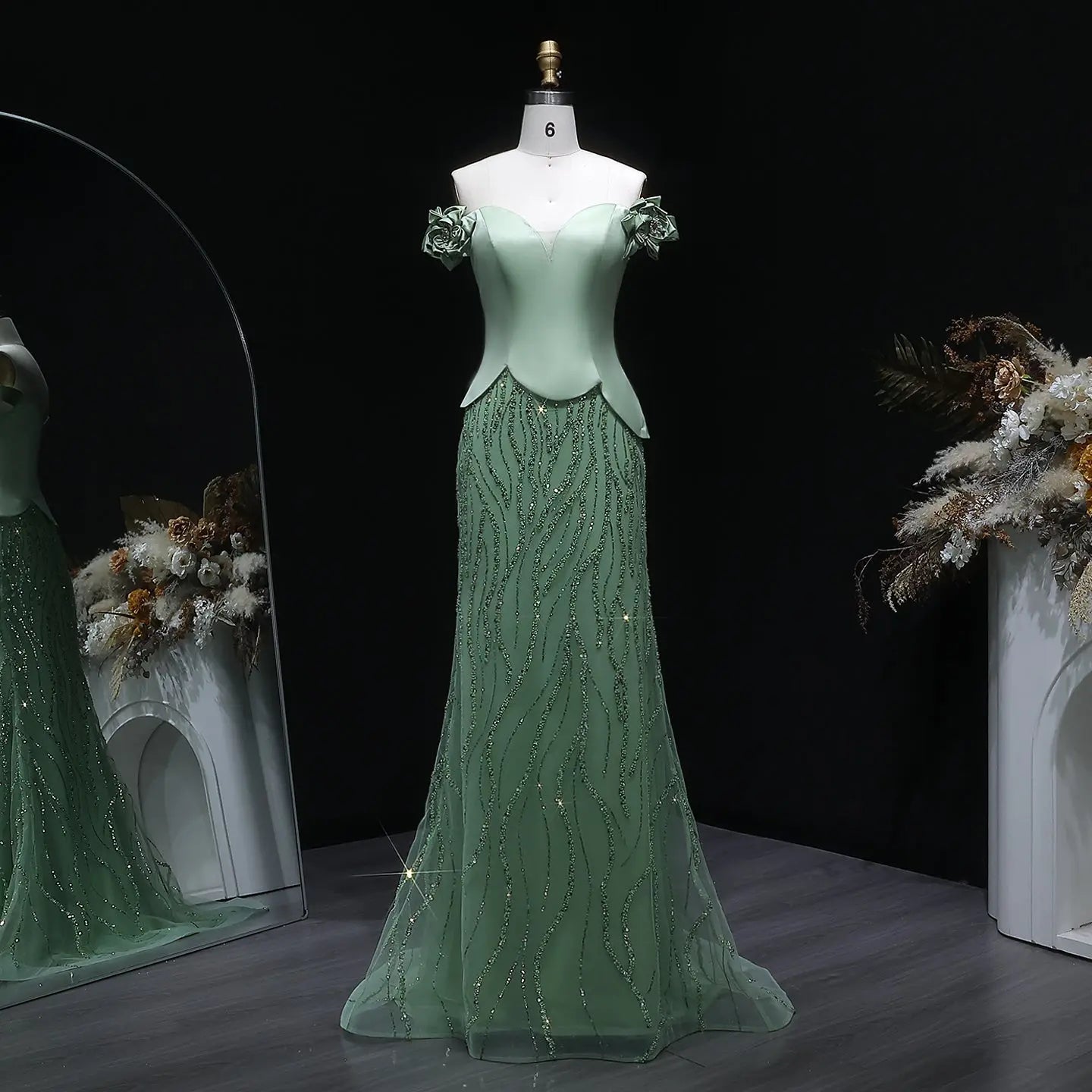Edgy Green Off-the-Shoulder 3D Floral Applique Sequin Evening Dress
