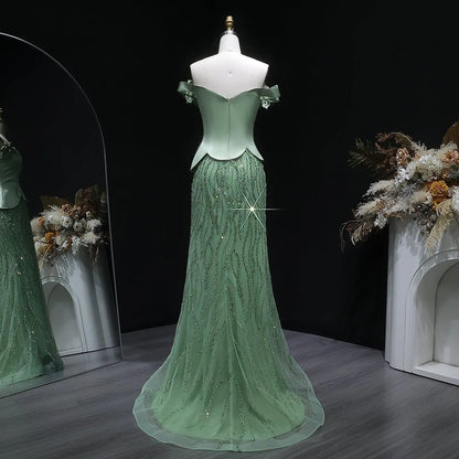 Edgy Green Off-the-Shoulder 3D Floral Applique Sequin Evening Dress