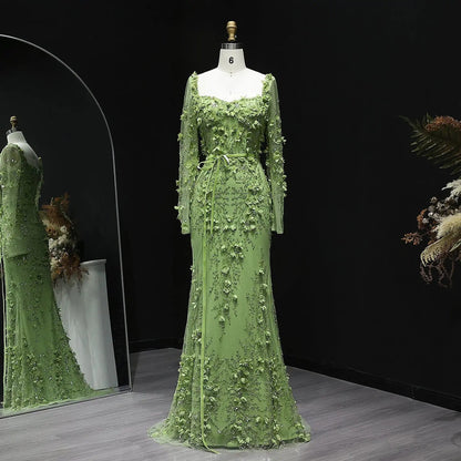 Luxury Green 3D Floral Evening Dress with Long Sleeves
