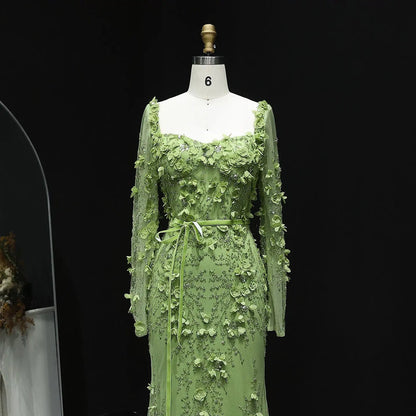 Luxury Green 3D Floral Evening Dress with Long Sleeves