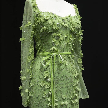 Luxury Green 3D Floral Evening Dress with Long Sleeves