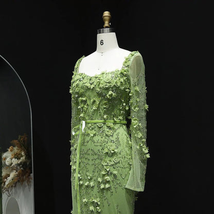 Luxury Green 3D Floral Evening Dress with Long Sleeves