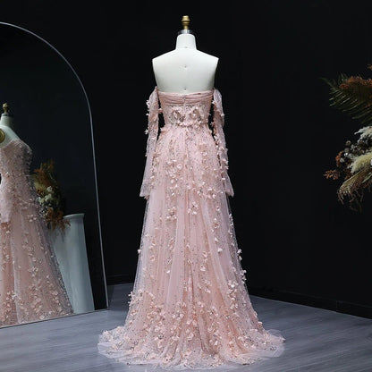 Elegant Pink 3D Flowers Evening Dress with Long Sleeves
