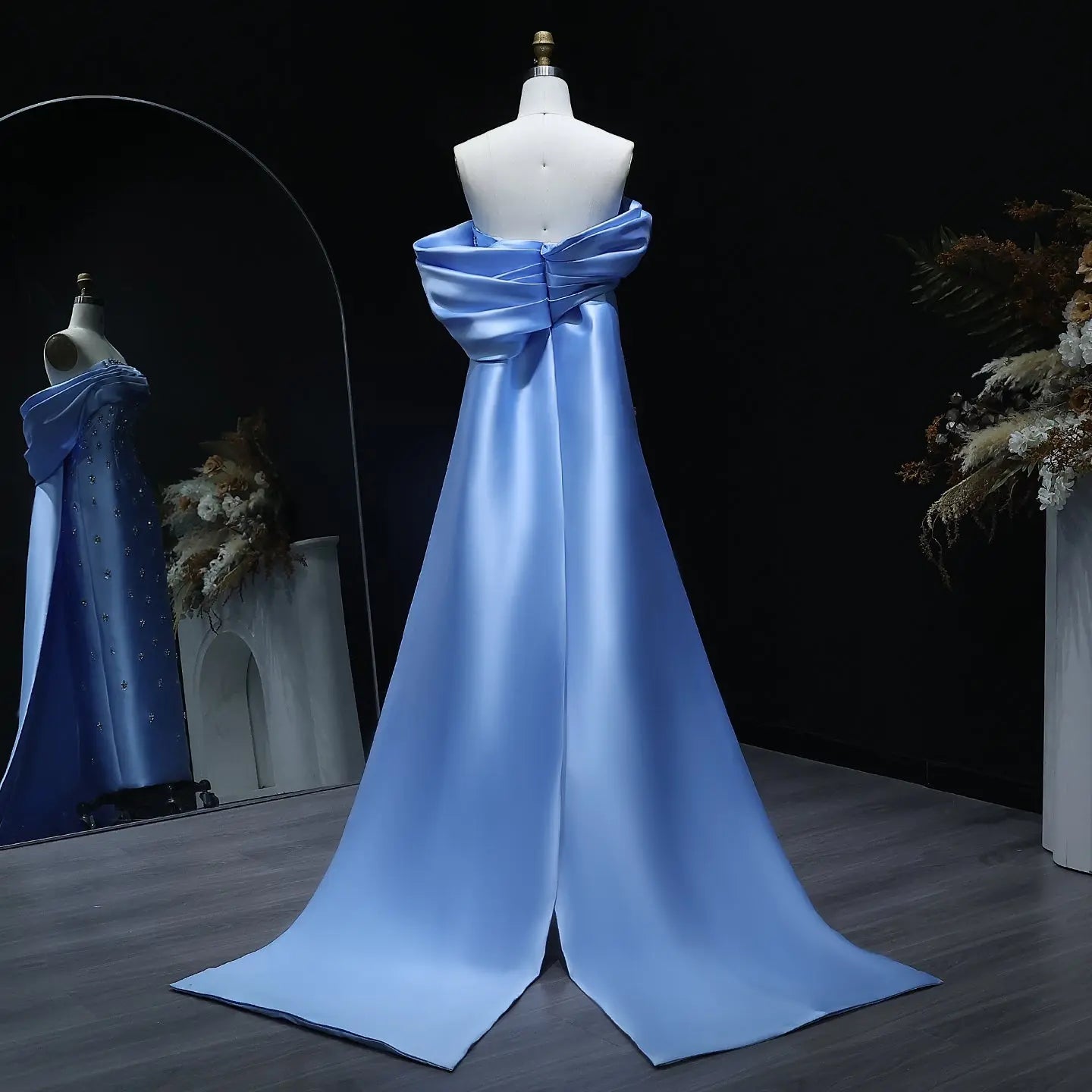 Sky Blue Off Shoulder Beaded Formal Evening Gown for Special Occasion