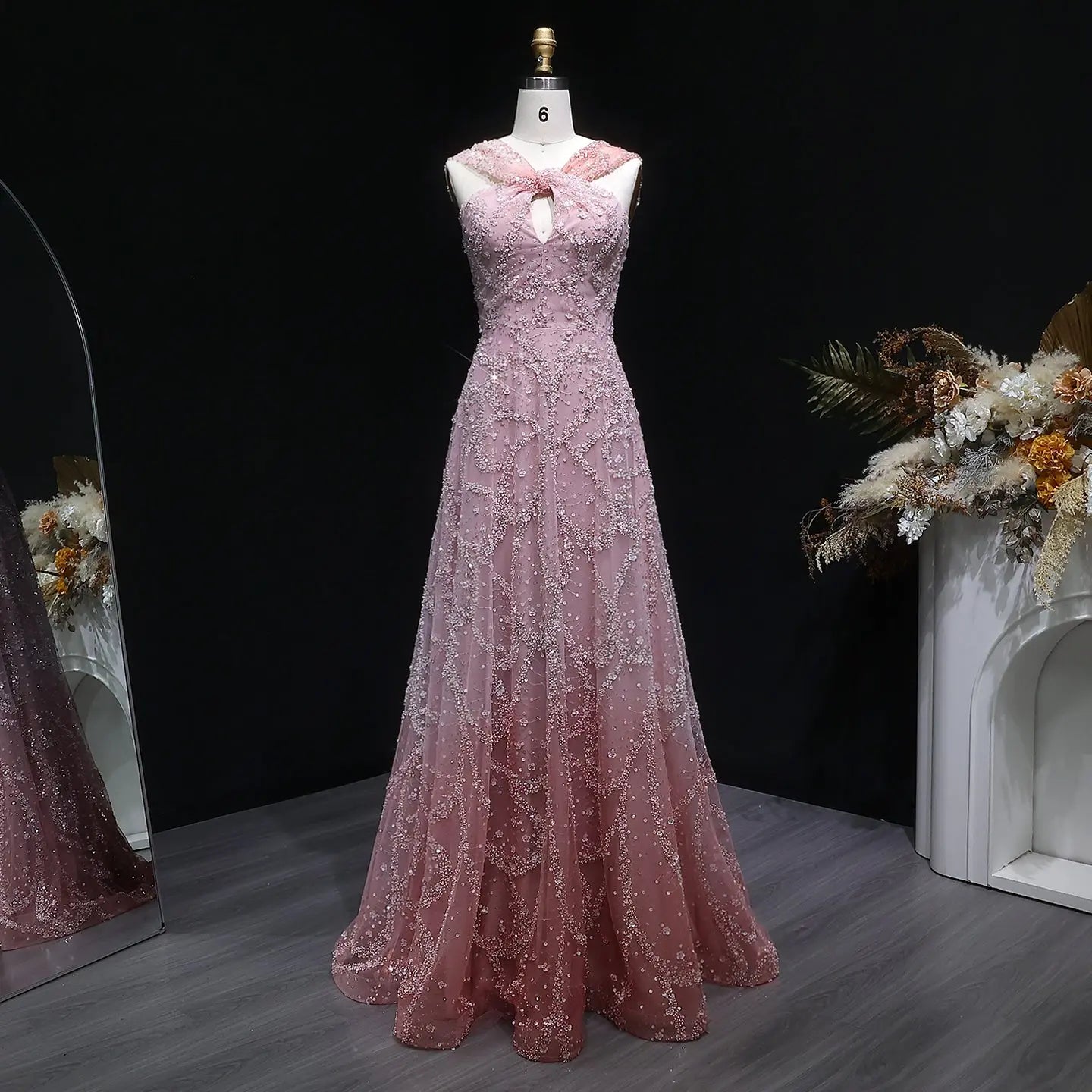 Luxury Gradient Pink Halter Neck Beaded Sequin Evening Dress
