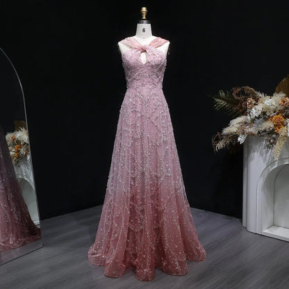 Luxury Gradient Pink Halter Neck Beaded Sequin Evening Dress