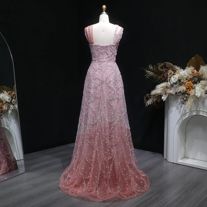 Luxury Gradient Pink Halter Neck Beaded Sequin Evening Dress