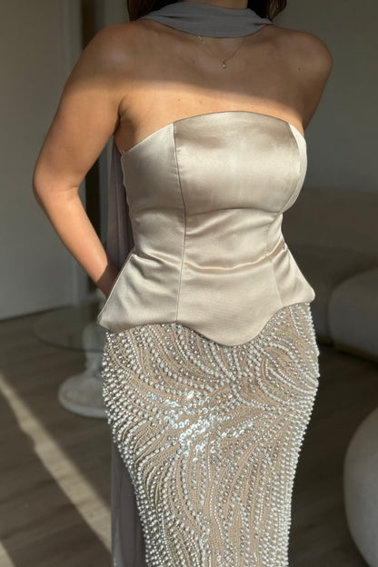 Blush Pink Strapless Corset Bodice Lace Mermaid Formal Gown