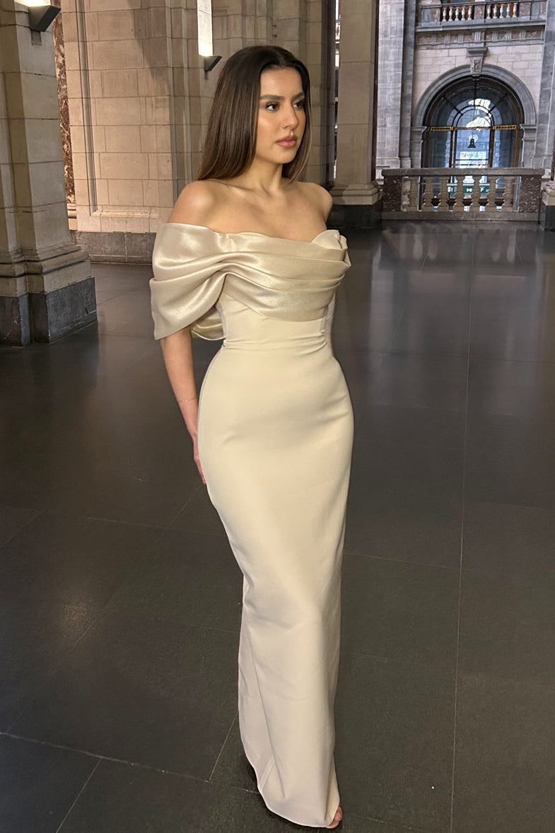 Ivory Off Shoulder Draped Satin Sheath Evening Gown with Cowl Neckline