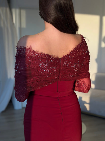 Brown Off Shoulder Long Sleeve Sequin Tassel Mermaid Evening Gown