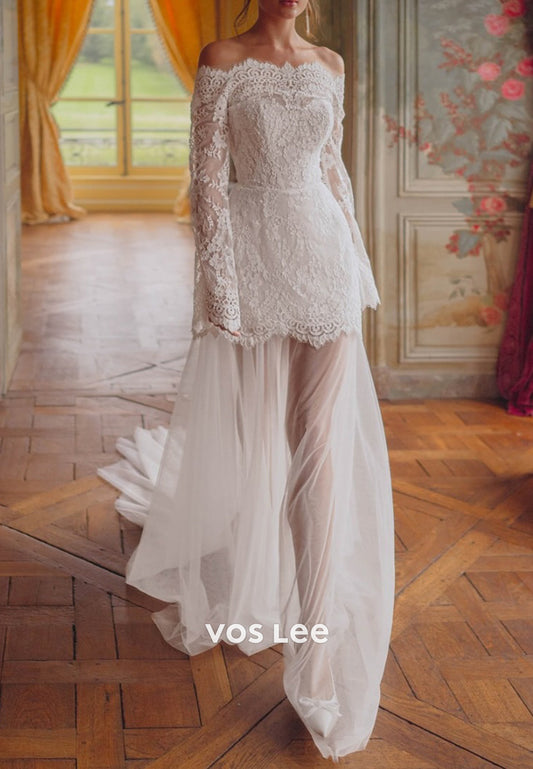 Long Sleeve Off the Shoulder Appliques Lace Sheath Wedding Dresses with Detachable Train
