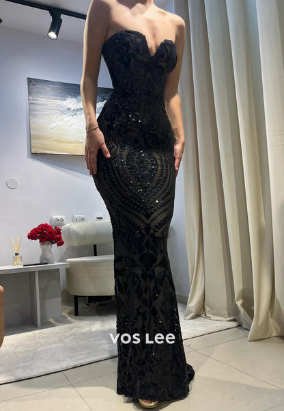 Sparkling Black Strapless Sweetheart Floor-Length Pleated Mermaid Evening Dresses