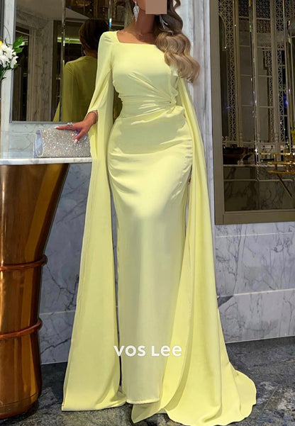 Elegant & Luxurious Long Sleeve Square Floor-Length Pleated Mermaid Evening Dresses
