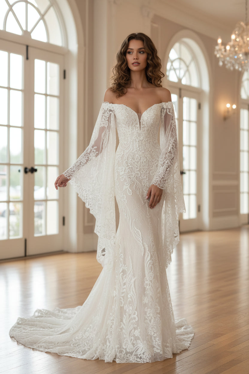 Off the Shoulder White Champagne Mermaid V-Neck Sequins Lace Wedding Dress
