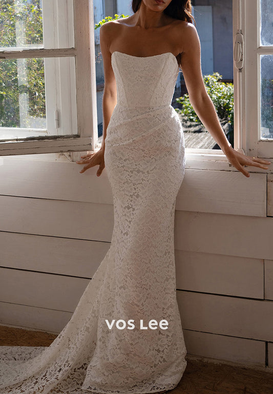 Long Sleeve High Neck Pleated Lace Mermaid Wedding Dresses with Sweep Train