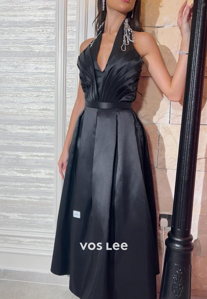A-Line Halter Rhinestone Beaded Pearls Black Pleated Evening Dresses