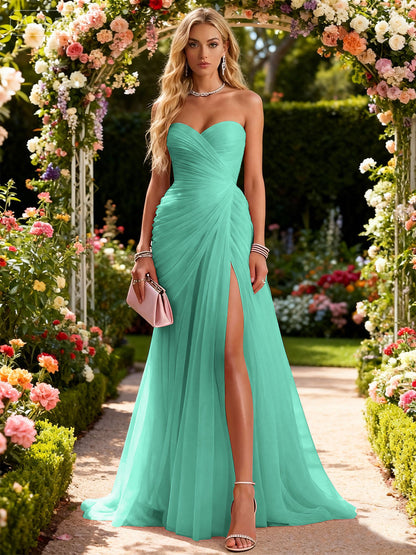 Pink Ruched Slit Tulle Strapless Sleeveless Sheath Gown Dress