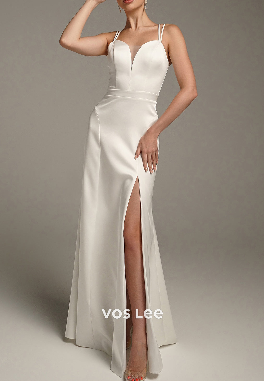 Classic Spaghetti Straps Sweetheart Satin Sheath Prom Dresses with High Split