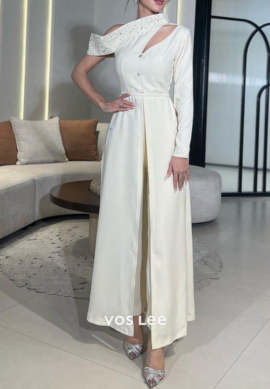 Long Sleeve Asymmetrical Neck Beaded Jumpsuit Evening Dresses