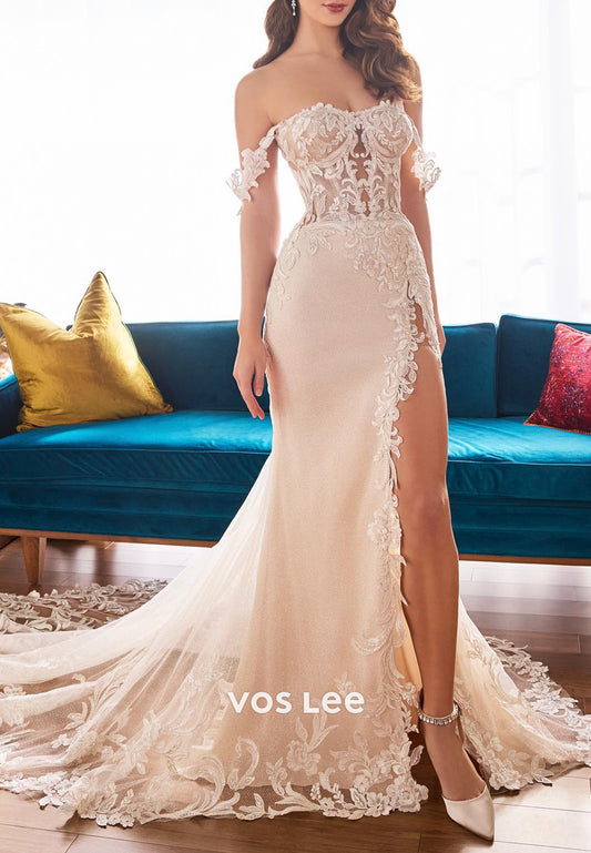 Off the Shoulder Sweetheart Appliques Lace Split Mermaid Wedding Dresses with Court Train