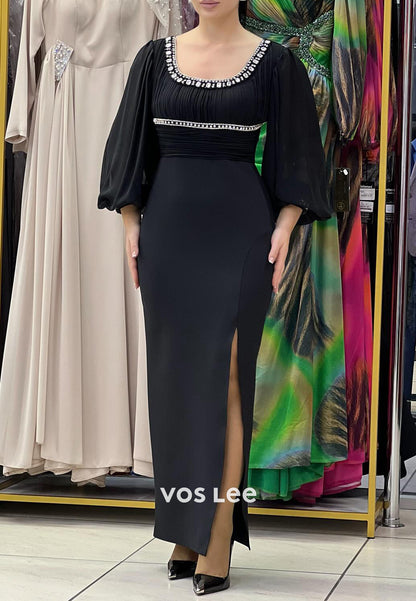 Long Sleeve Square Ankle-Length Pleated Mermaid Evening Dresses with Side Split