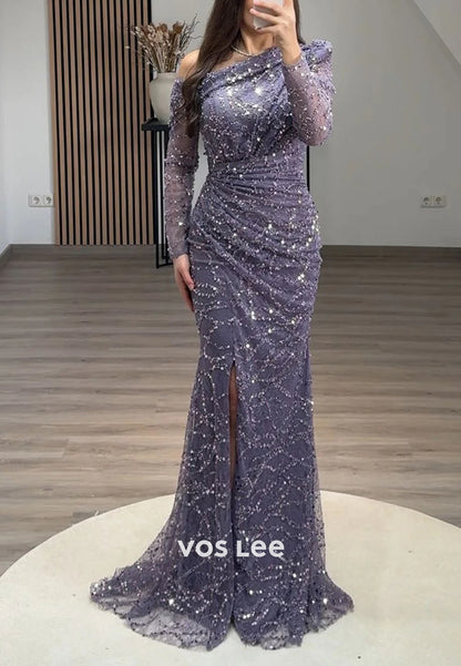 Long Sleeve One Shoulder Fully Beaded Sequins Pleated Evening Dresses with Side Spilt