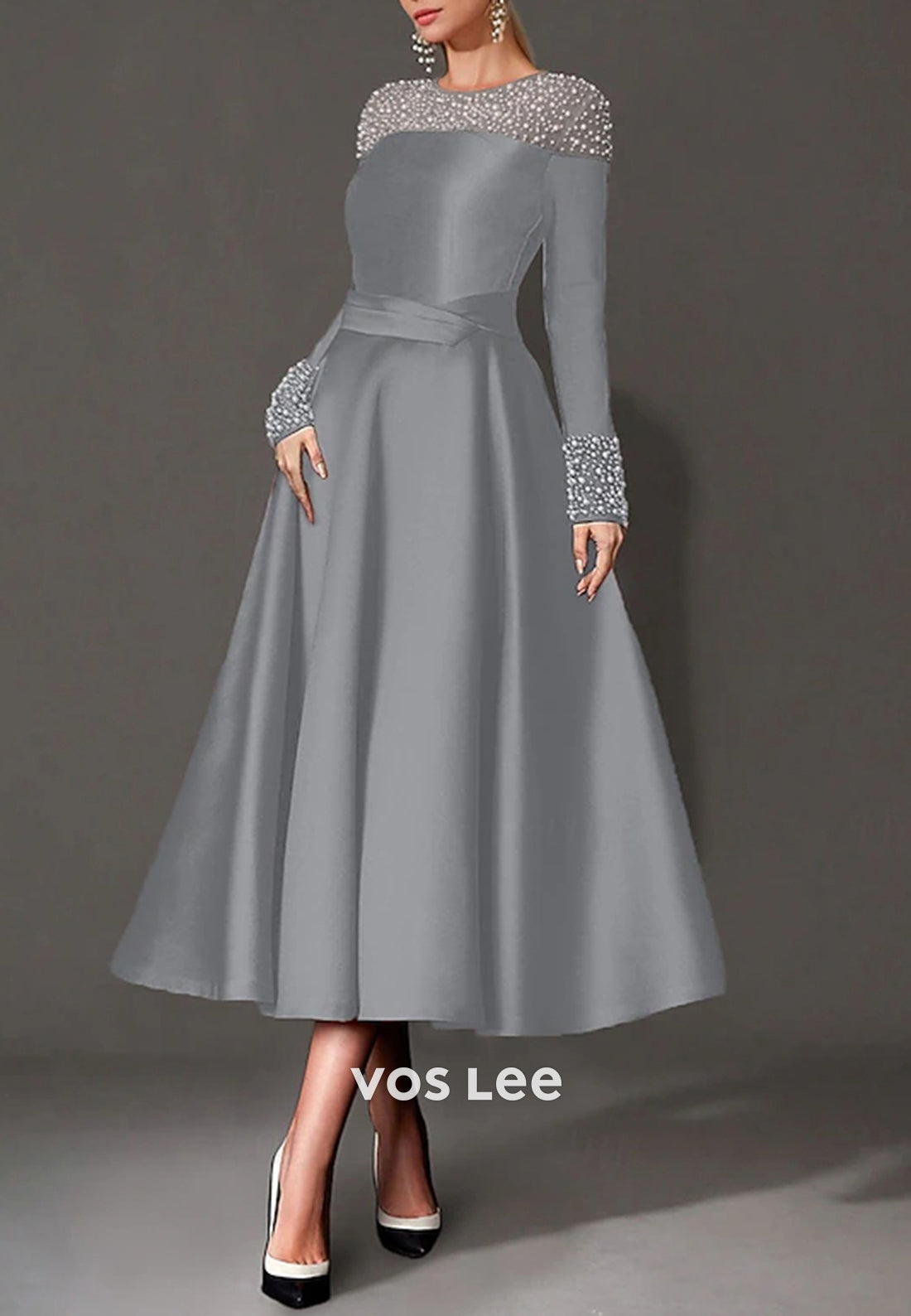 Long Sleeve A-Line Beaded Scoop Tea-Length Pleated Evening Dresses