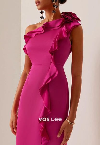 One Shoulder Pleated Ankle-Length Sheath Wedding Guest Dresses with High Split
