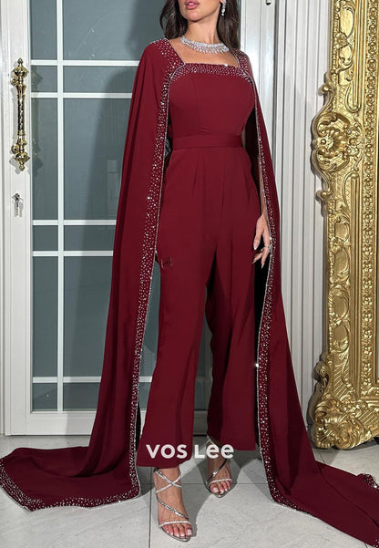Burgundy Square Rhinestone Beading Pleated Jumpsuit