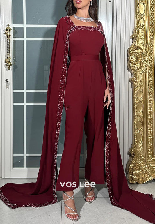 Burgundy Square Rhinestone Beading Pleated Jumpsuit