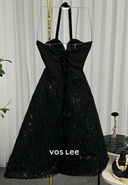 Sparkling Mini and Short A-Line Halter Straps Sweetheart Sequins Prom Dresses