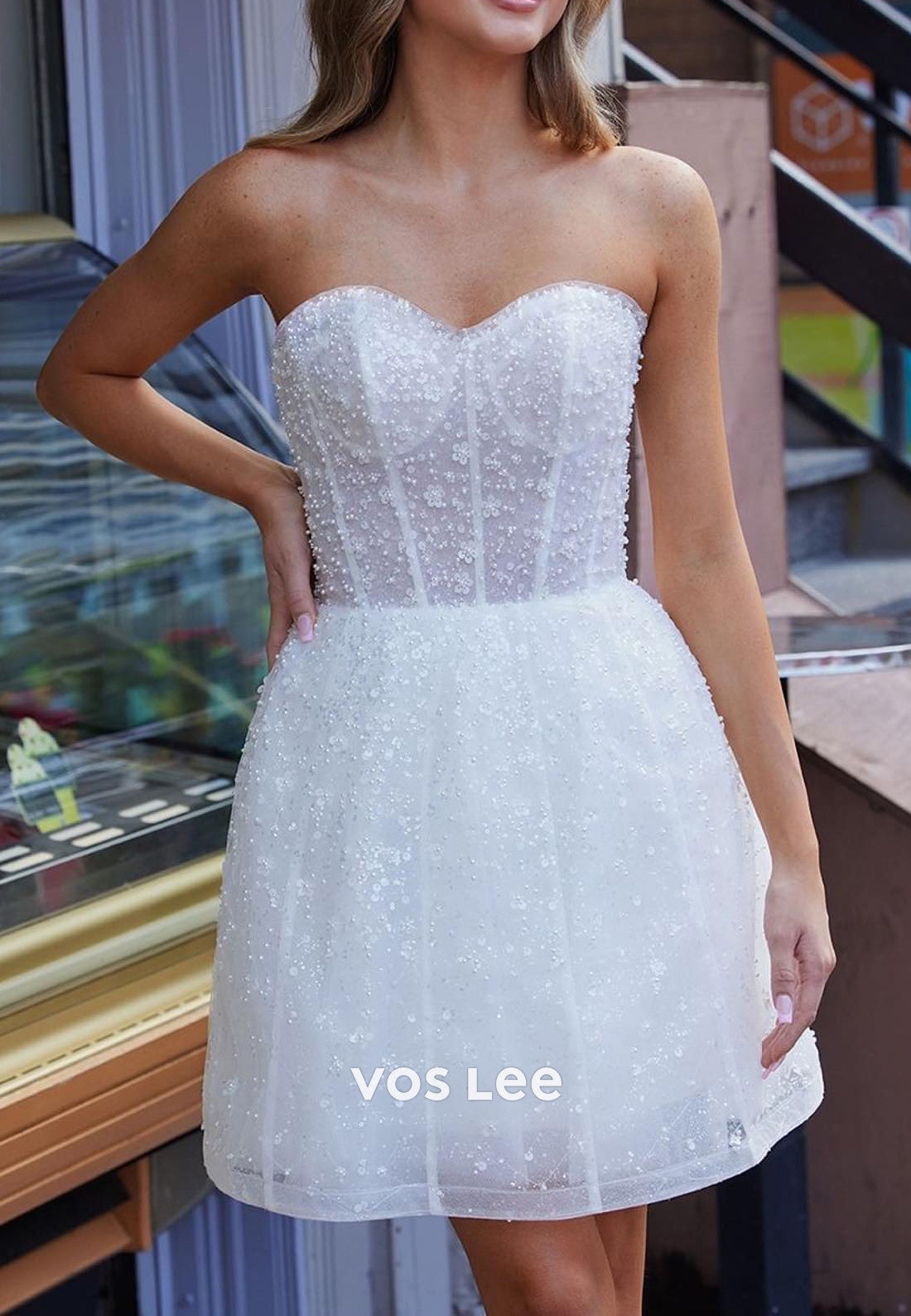 Sparkly A-Line Detachable Long Sleeve Sweetheart Fully Beaded Short Wedding Dresses