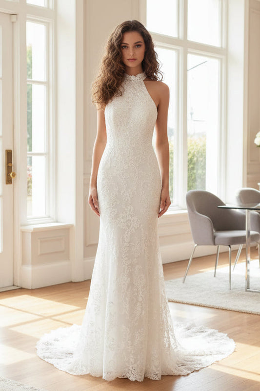 White Halter Trumpet/Mermaid Sleveless Sheath Lace Wedding Dress