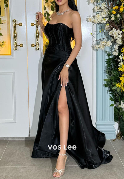 Sexy & Hot A-Line Strapless Pleated Appliqued Evening Dresses with High Split