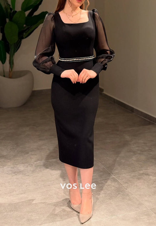 Long Sleeve Square Rhinestone Tea-Length Sheath Evening Dresses