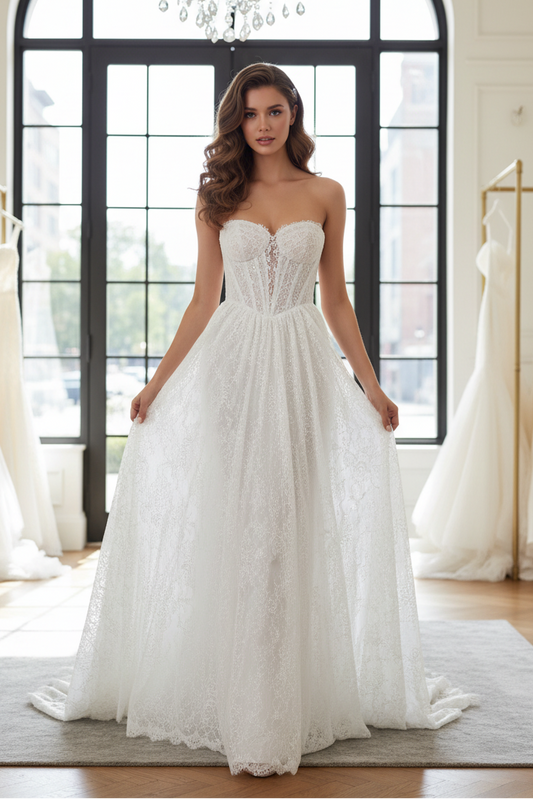 White A-Line Sweetheart Sleeveless Lace Wedding Dress