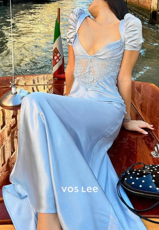 Classic & Timeless Short Sleeve V Neck Illusion Cutout Lace Sheath Prom Dresses