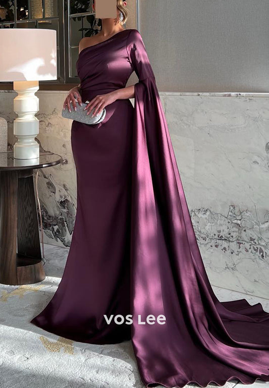 Long Sleeve One Shoulder Mermaid Pleated Evening Dresses with Sweep Train