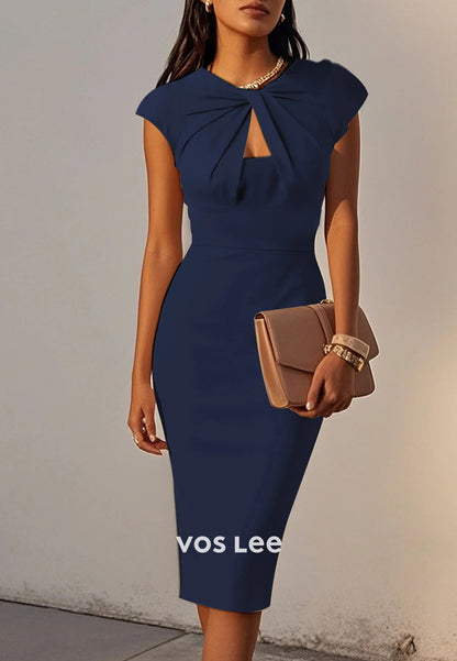 Simple & Casual Empire Waist Scoop Tea-Length Pleated Mermaid Wedding Guest Dresses
