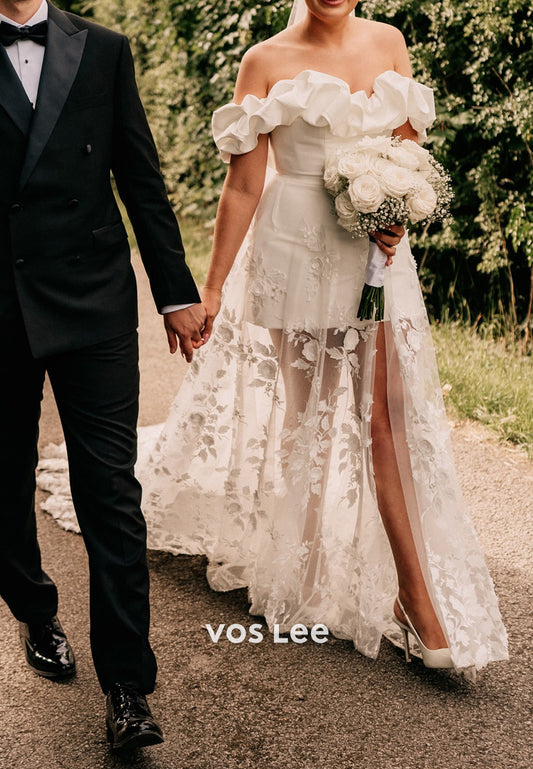 Off the Shoulder Illusion Appliques Lace Sheath Pleated Wedding Dresses with Court Train