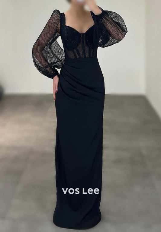 Elegant & Luxurious Long Sleeve Tulle Sweetheart Floor-Length Sheath Evening Dresses